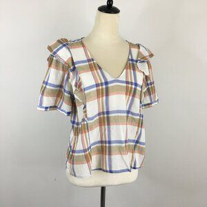 MADEWELL Short Sleeve MultiColor Textured Plaid Check Ruffle Shoulder Shirt